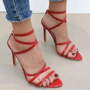 Deleventh Red Criss Cross Strap Heel Sandals Size 8